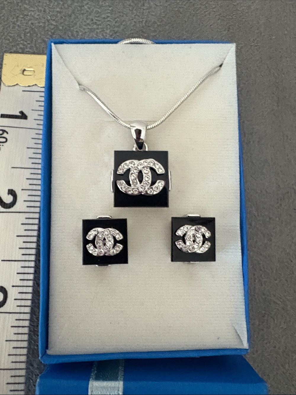 CC logo Black Silver Crystal Pendant Necklace & Stud Earring Set